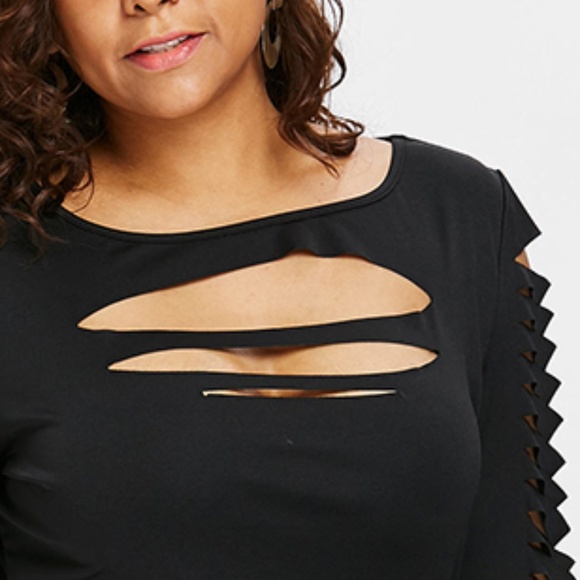 ☀ Black Plus Size Long Sleeve Shredded Top ☀ - Picture 7 of 8
